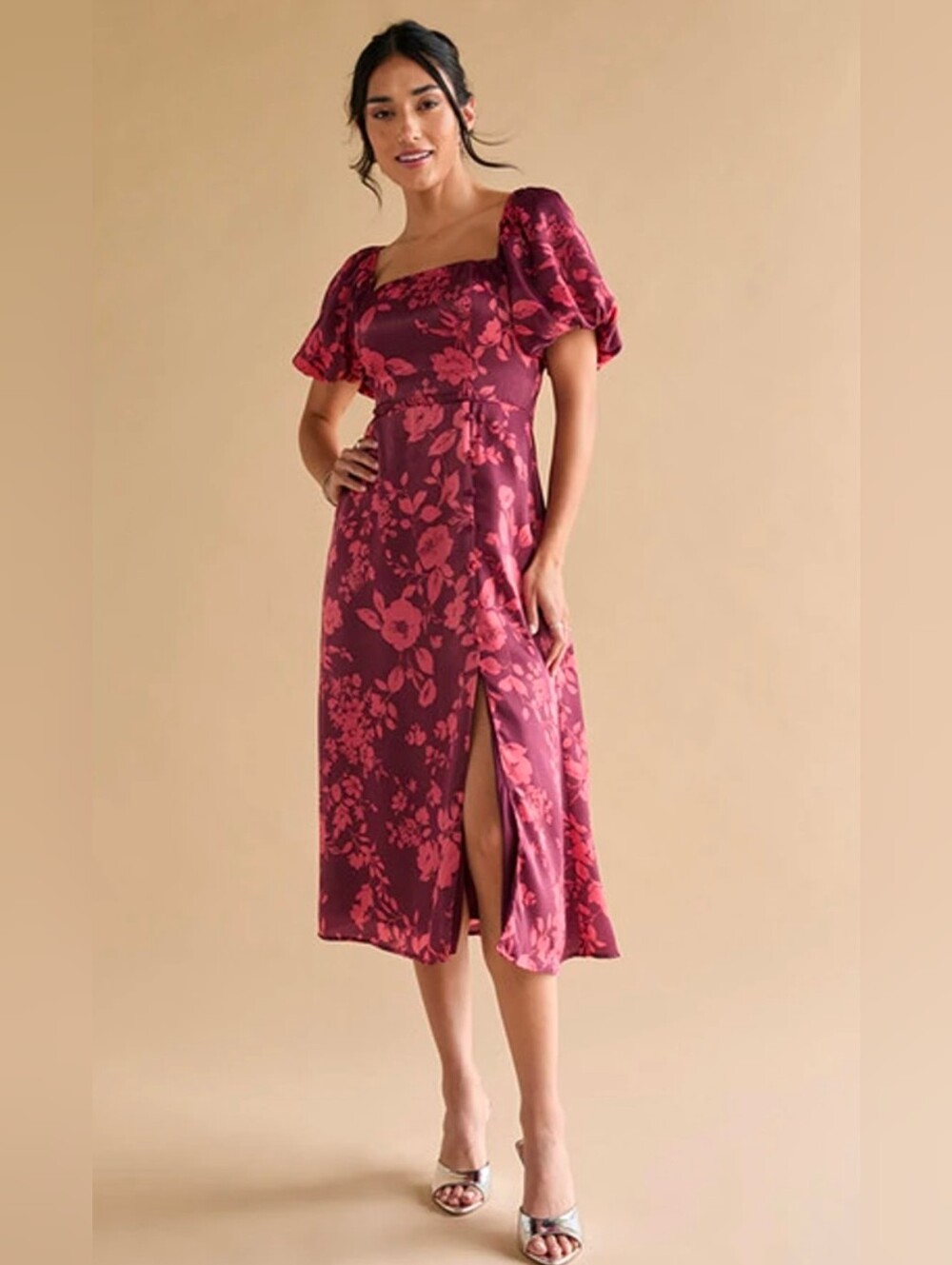 Francesca's Nettie Puff Sleeve Floral Satin Midi Dress Size XL